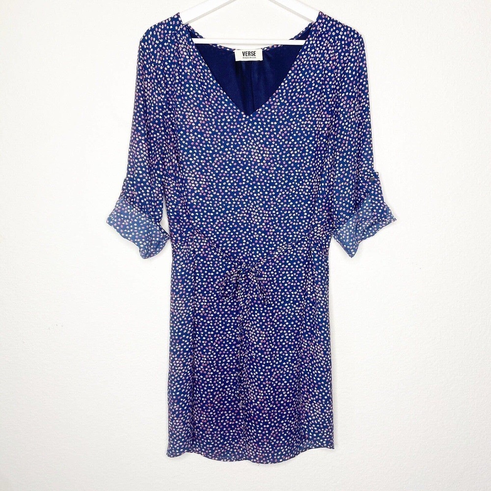 Verse Belted 3/4 Sleeve Navy and Red Polka Dot Shift Dress L